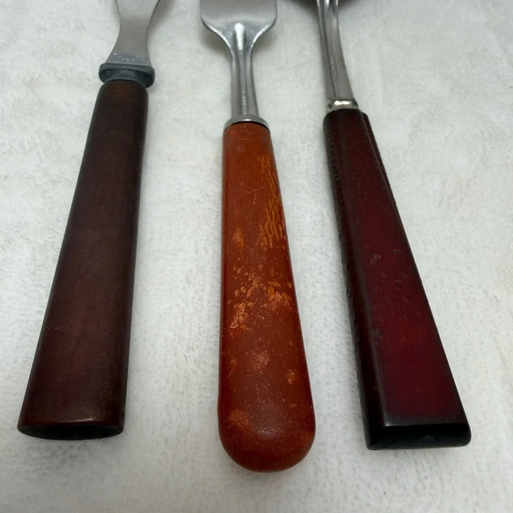 VTG Bakelite‎ Flatware Set 3pc Tapered Brown Orange Handles Forks Spoon *AS IS*